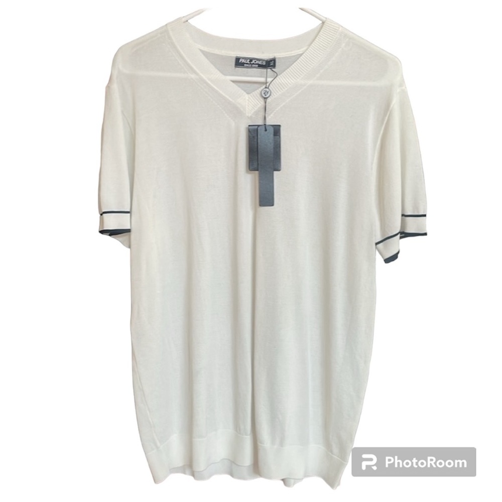 Paul Jones Ladies V Neck XL Short Sleeve Top White Black Trim Pullover NEW Shirt